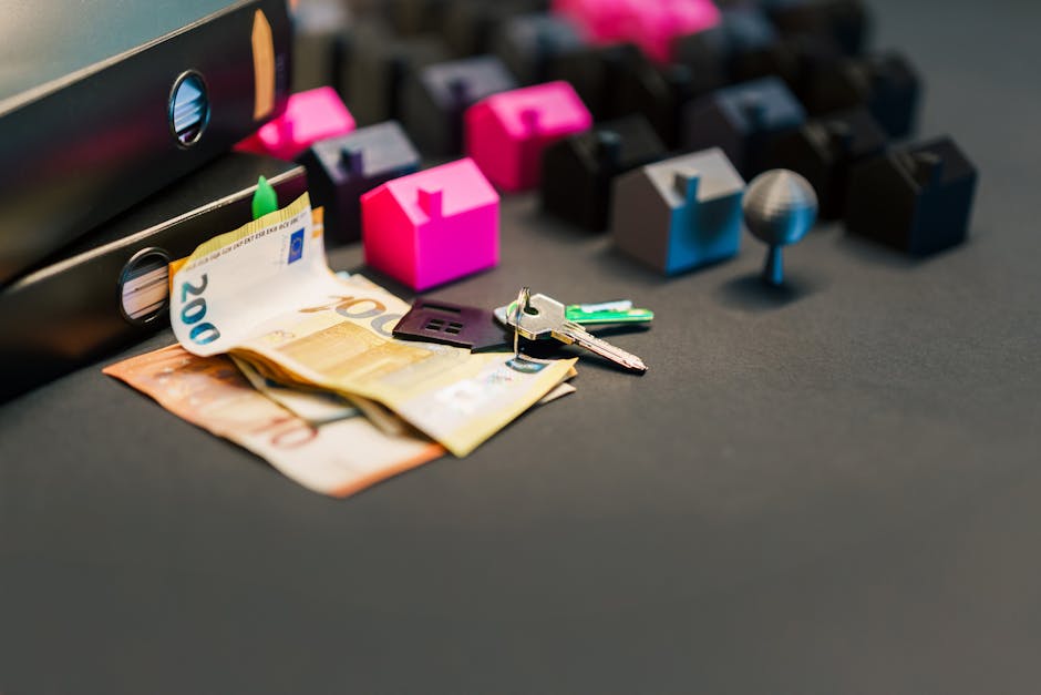Miniature houses, euro bills, and a house key symbolize real estate investment and property transact